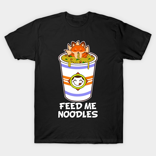 Feed Me Noodles - Cute Kitsune In A Giant Cup Of Noodles - Ramen Lover Gifts, Noodle Lover Gifts, Dark T-Shirt by PorcupineTees